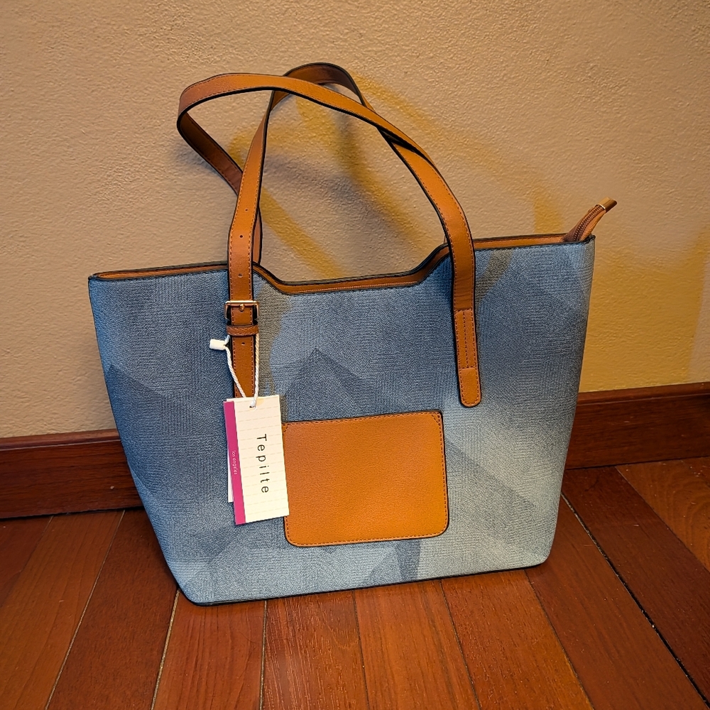 Blue and Tan Vegan Leather Tote Bag